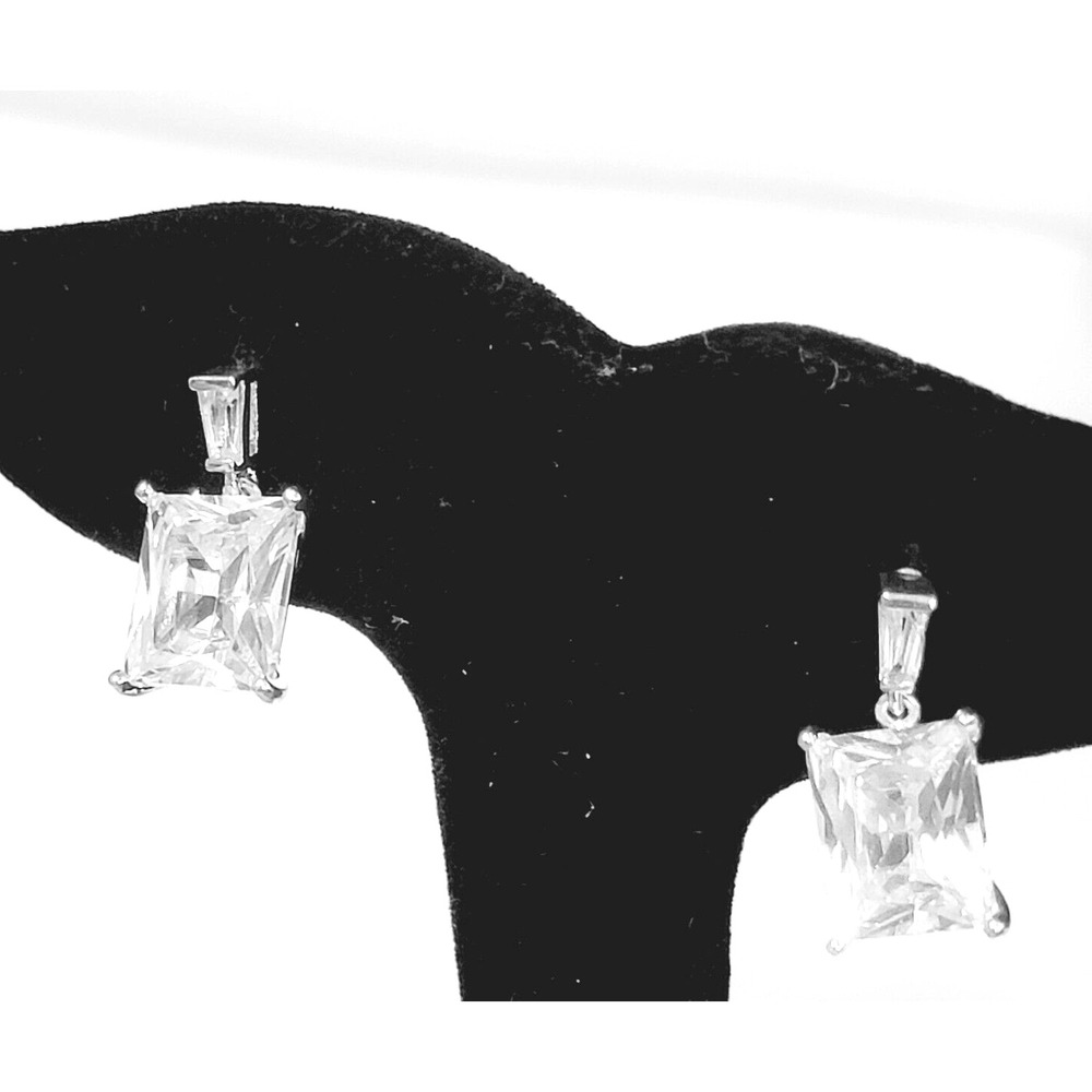 Vintage White Dangle Earrings Rhinestone Silver Tone Square Marquise Pierced